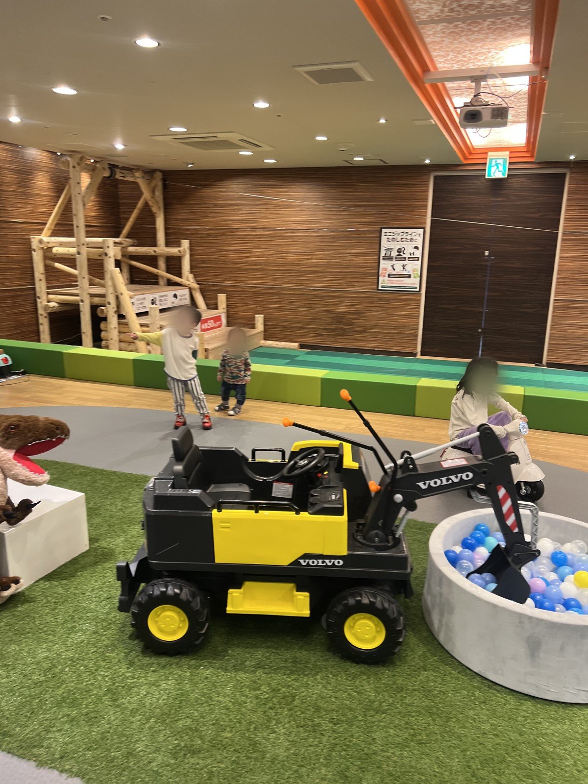 ボールプールをすくえるショベルカーの乗り物と、奥の遊具で遊ぶ子どもたち