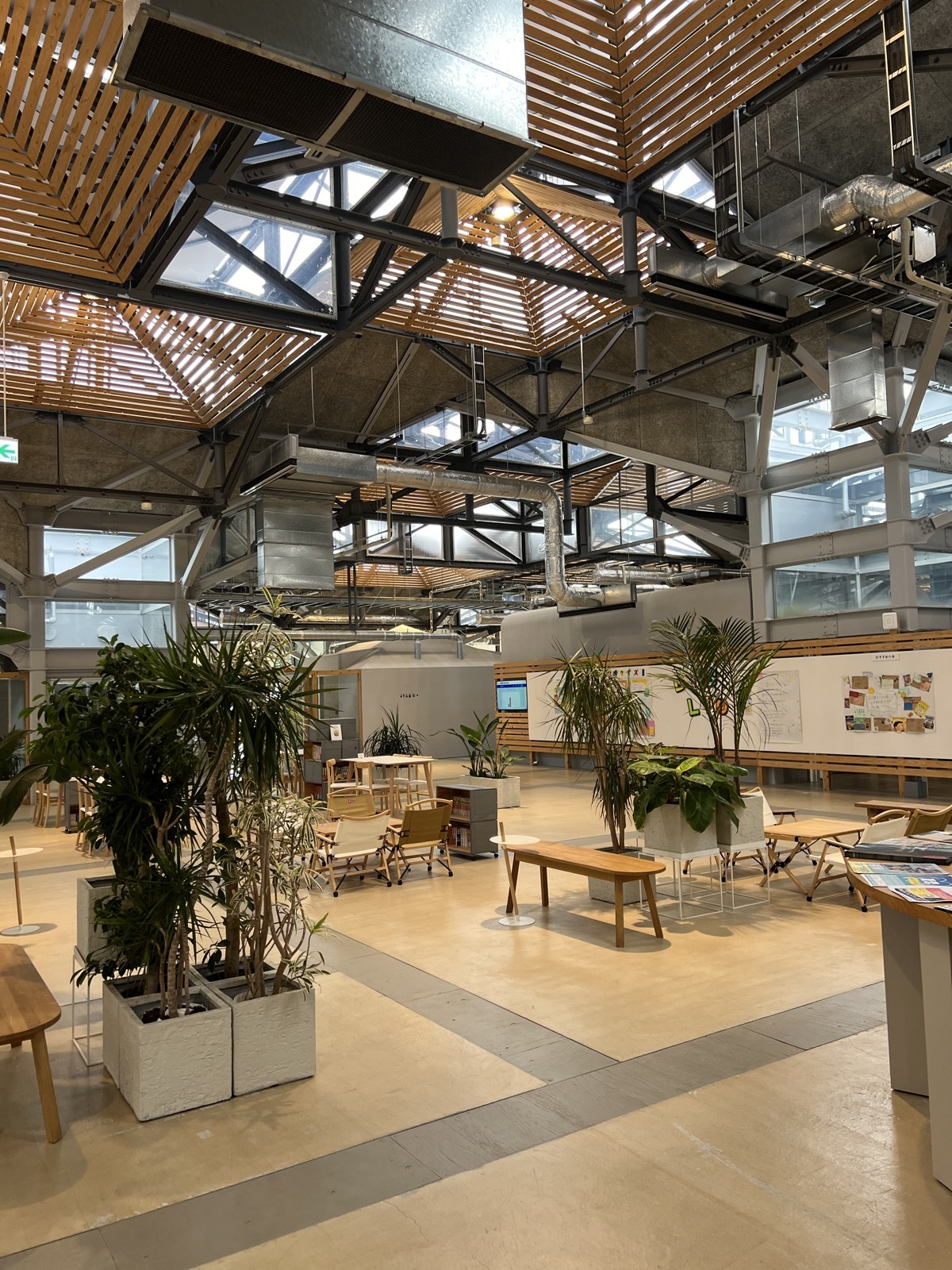 高い天井と植栽のある館内