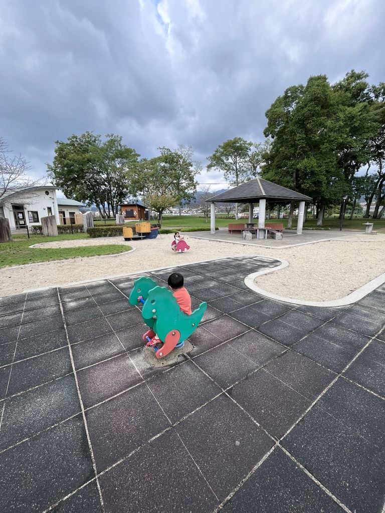 スプリング遊具のエリアと東屋
