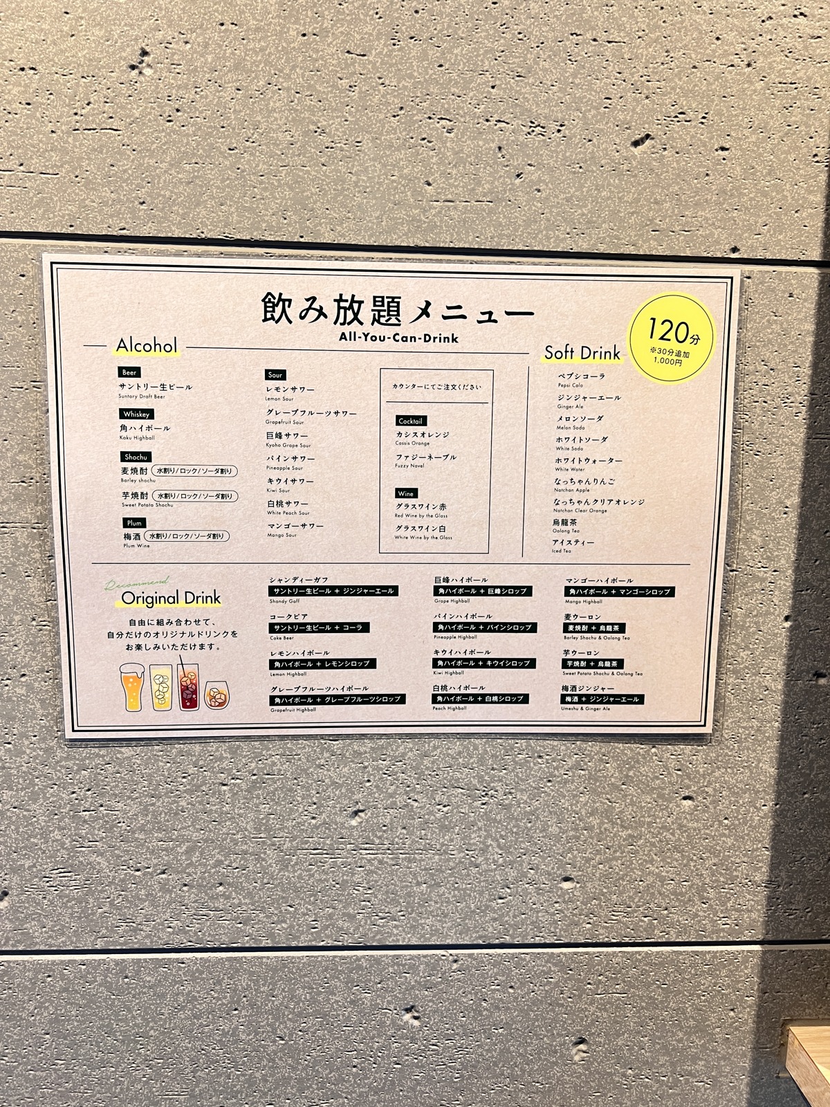 飲み放題メニューの掲示