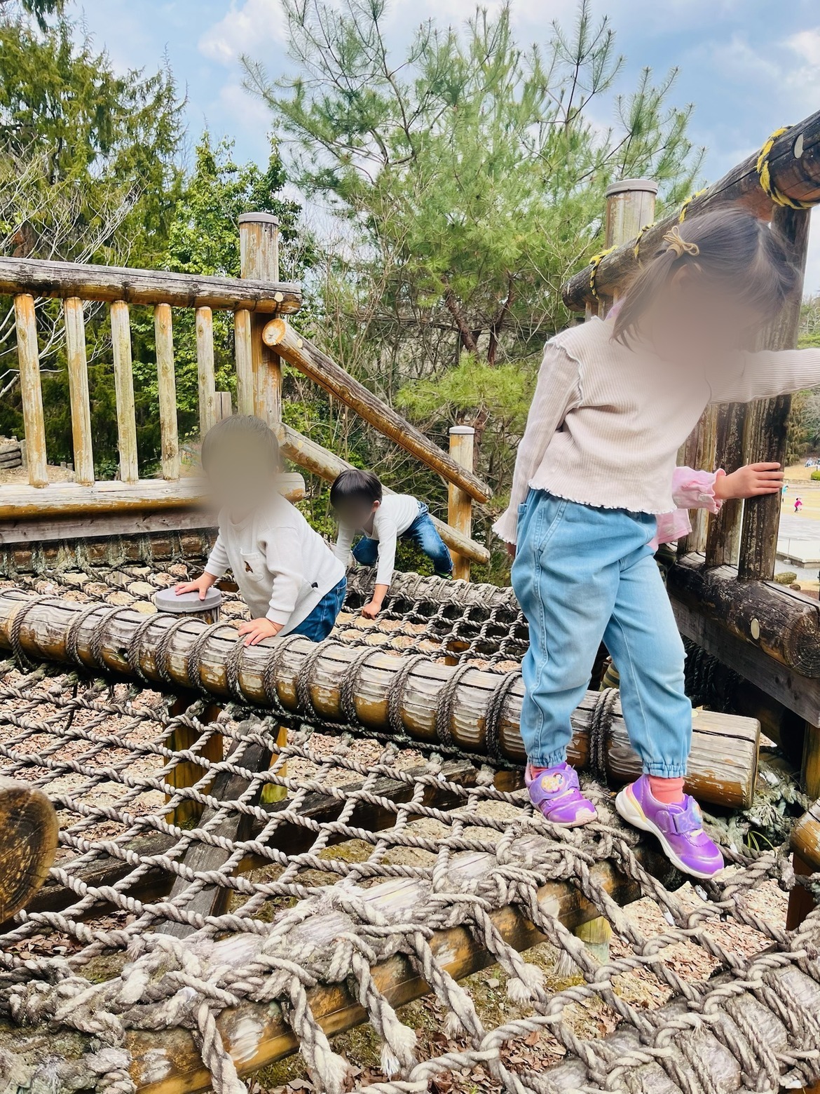 ロープのアスレチックを渡る子どもたち
