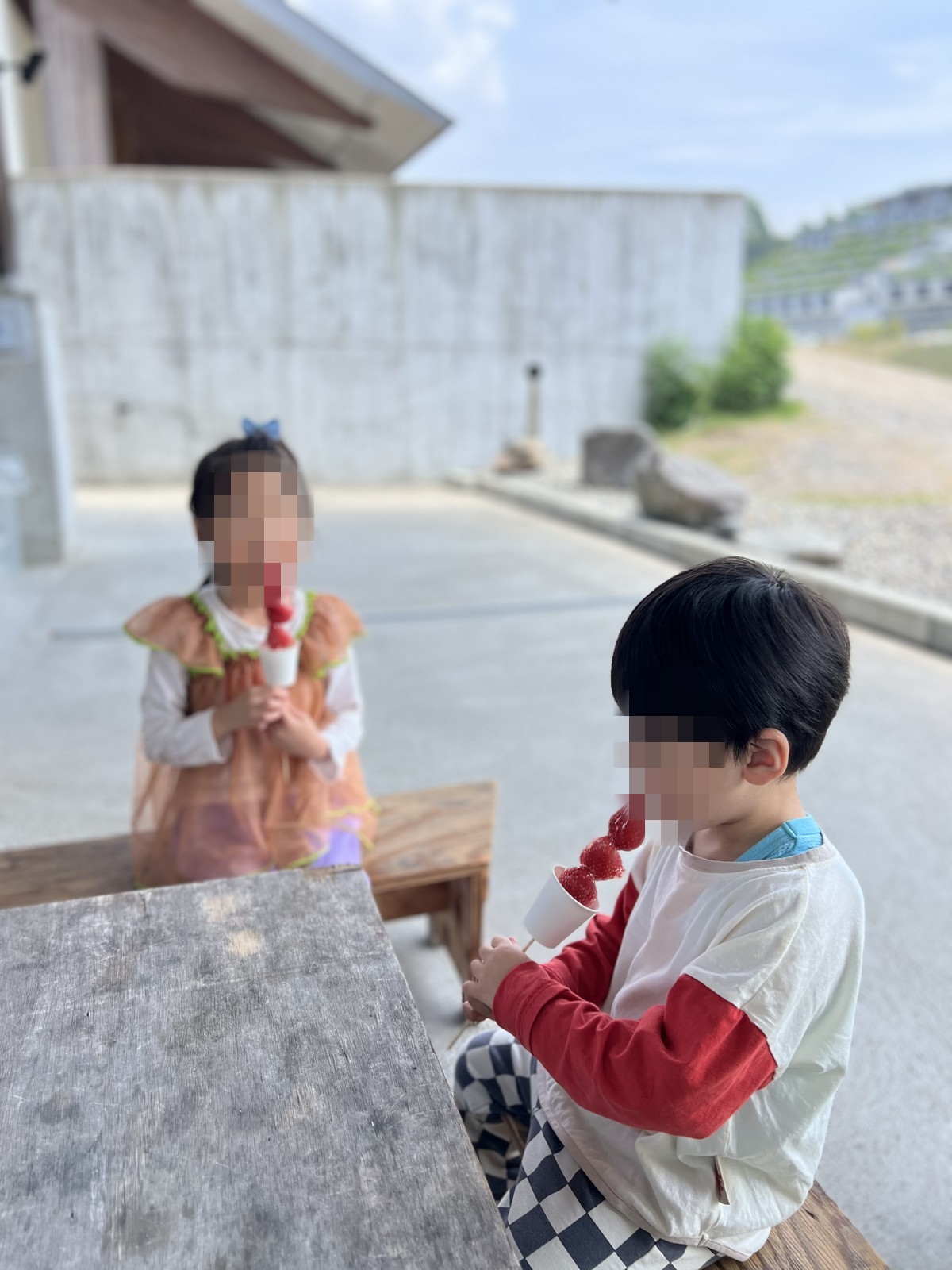 外のベンチでいちごあめを食べる子どもたち