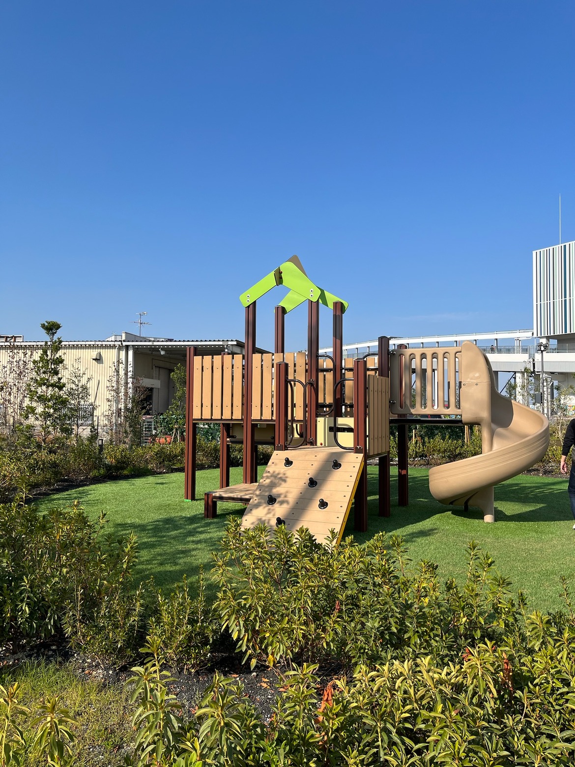 芝生の広場に置かれた木製の遊具