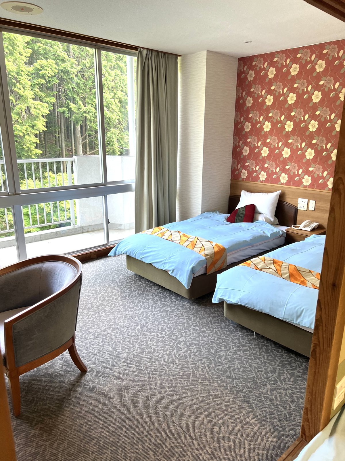 大きな窓から木々の緑が見える、ベッド2台の洋室