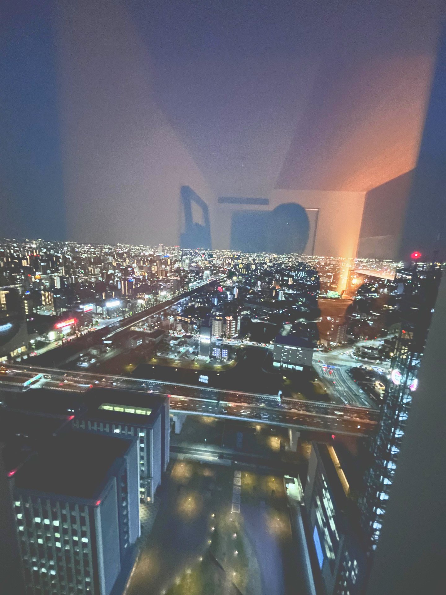 客室の窓から見えた名古屋の夜景