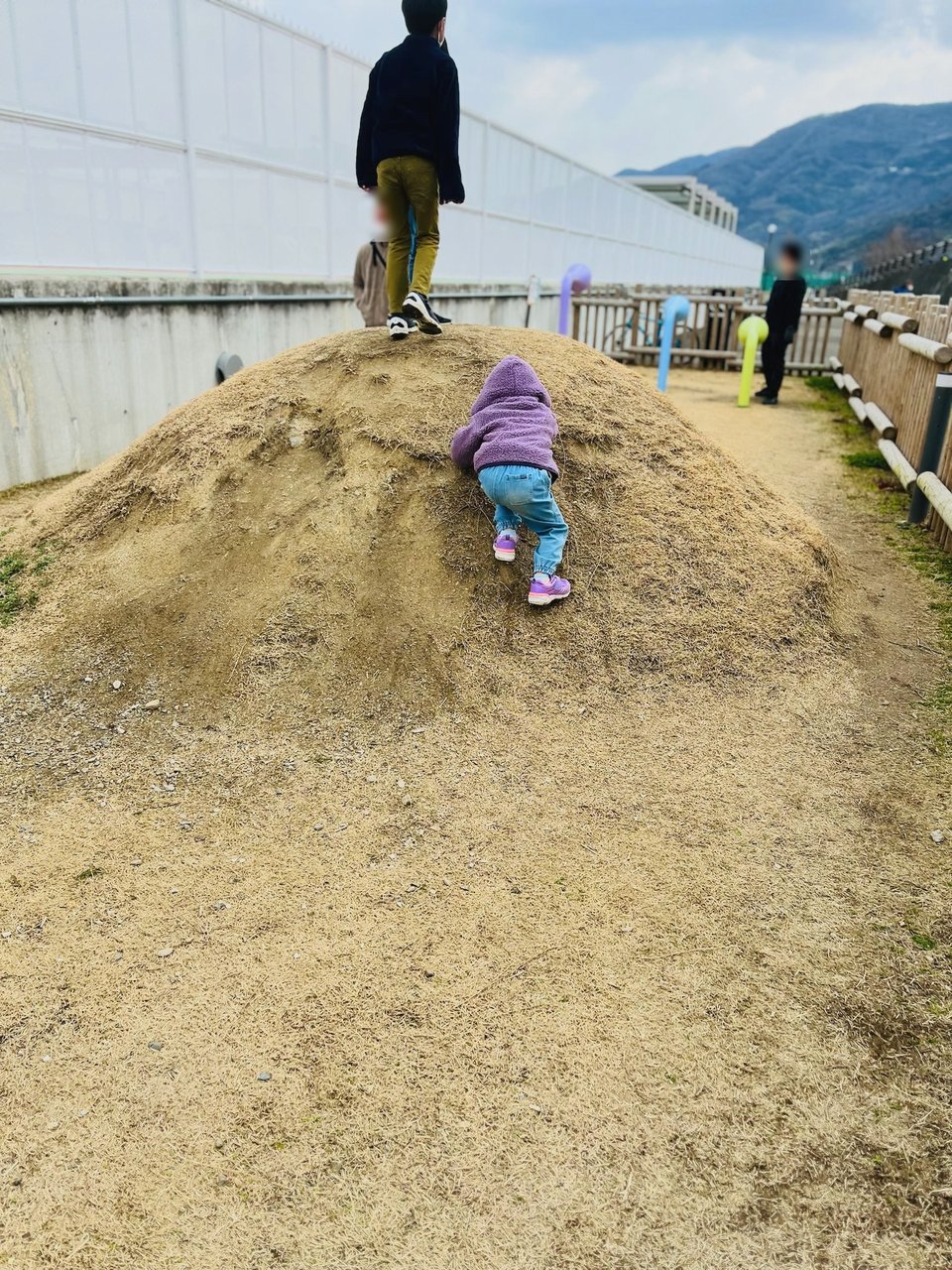 土の山をよじ登る子ども