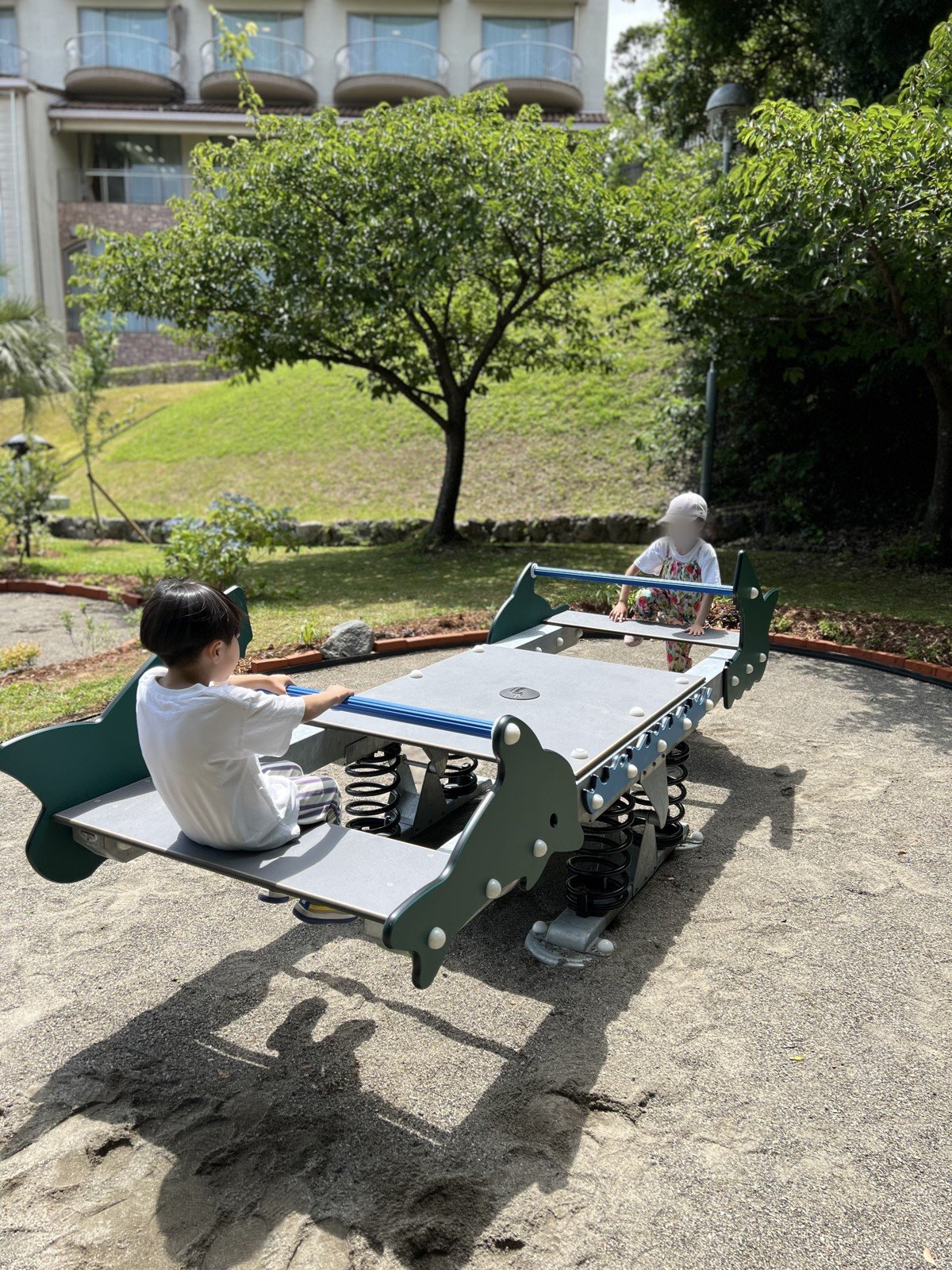 バネでゆれるシーソーのような遊具で遊ぶ子どもたち