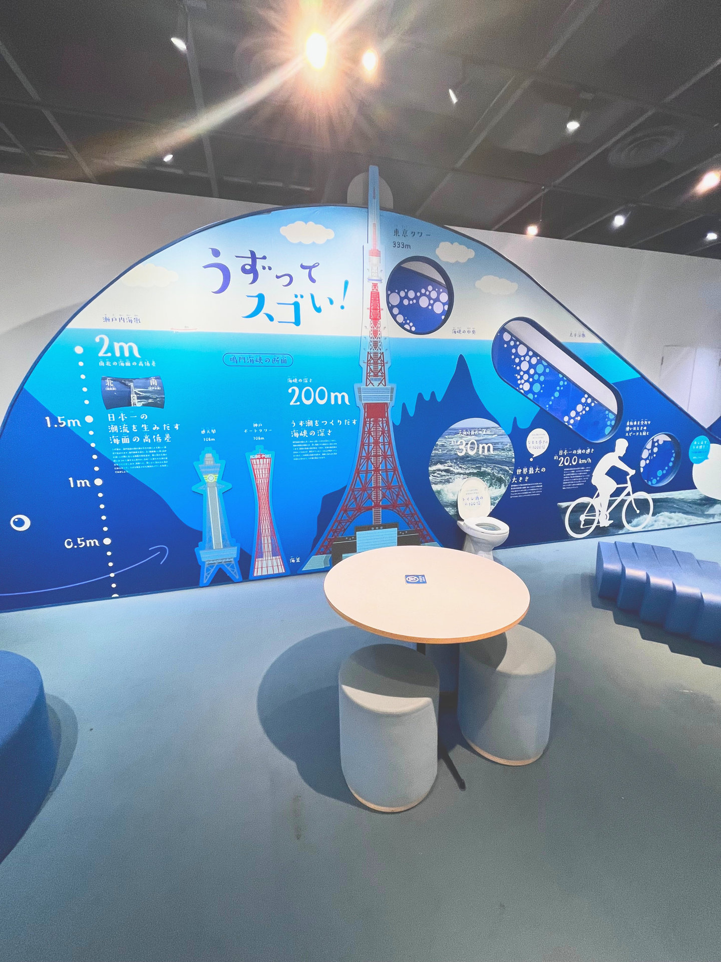 青いパネルや丸いテーブルがある展示スペース