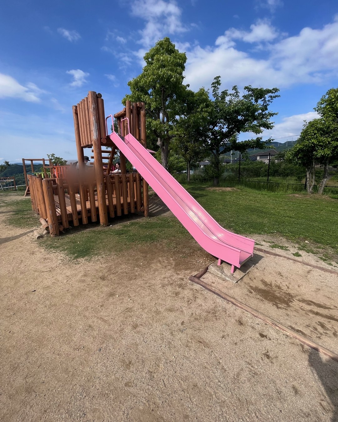木の複合遊具とピンクの長い滑り台